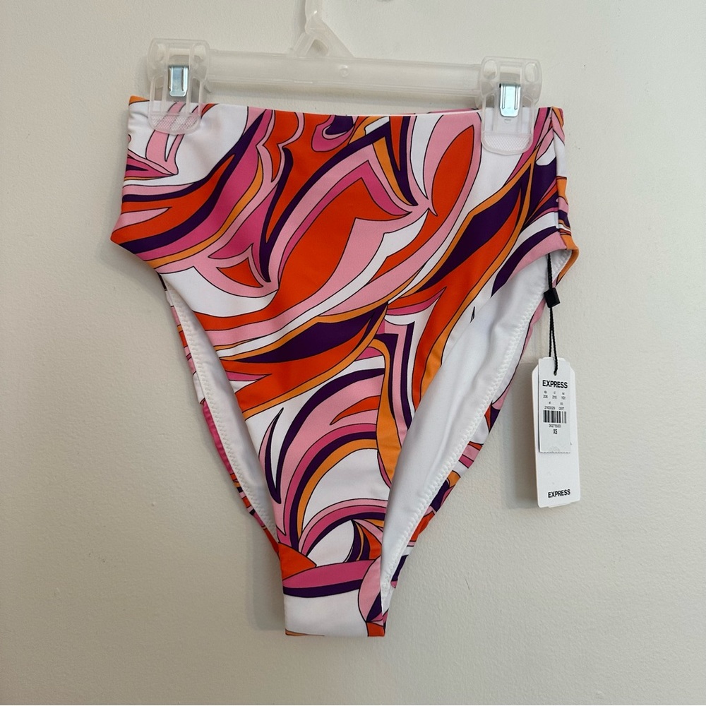 Express Womens XS Body Contour Neon Groovy Print High Waist Swim Bottom NEW